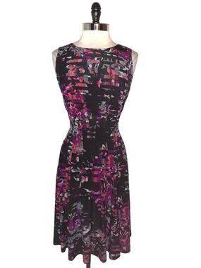 TAYLOR Size 10 A-Line Dress Black Purple Grey Floral Sleeveless Stretch Knit
